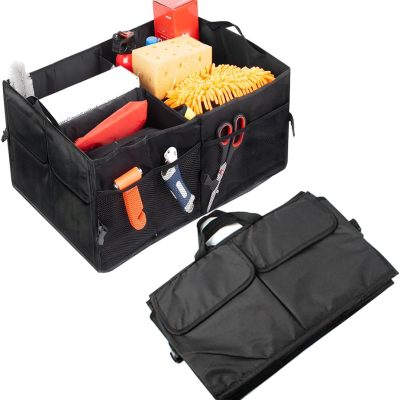 Car Trunk Organizer, Collapsible Multi Compartment Vehicle Storage Box, Waterproof Adjustable Automotive Organization Container Accessories, Universal for SUV, Sedan, Truck (Black)