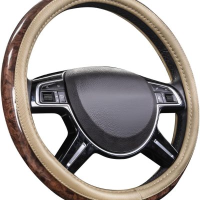 Wood Grain 14.5-15 inch Microfiber Leather Steering Wheel Cover, Anti-Slip Veins Design Steering Wheel Universal Fit for Most Cars, Sedans, SUV， Beige