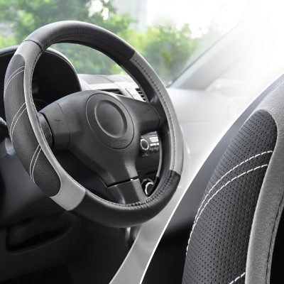 Microfiber Leather Steering Wheel Cover for 14.5" to 15" Wheels, Soft Padded Grip, Textured Anti-Slip Inner Lining, Breathable Comfort for Cars, SUVs and Trucks, Black/Gray