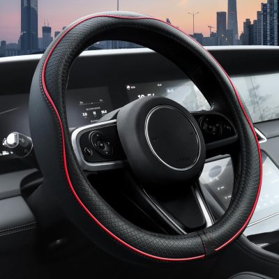 Car Steering Wheel Cover, Microfiber Leather Steering Wheel Covers with Anti-Slip Lining, Universal 14.5-15 inchs Black with Red line
