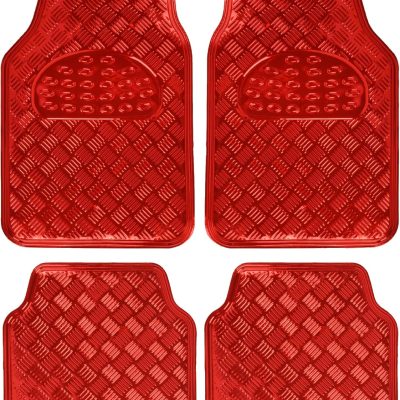 Metallic Chrome Car Floor Mats All-Weather Universal Fit Automotive Floor Mats for Cars SUVs, Floor Mats for Trucks, Car Mats Full Set Front & Rear, Non-Slip Backing - Red