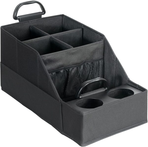 Backseat Car Organizer with Multiple Storage Compartments and Metal Cup Holders for Vehicle Storage