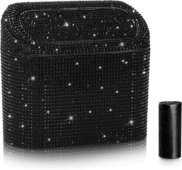 Bling Crystal Car Trash Can with Lid and Garbage Bag Holder Design